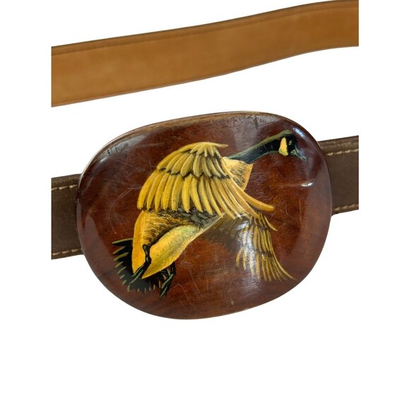 Vintage Hand-Painted Wooden Goose Belt Buckle Dale Larison 1979 Brown Leather Be